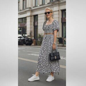 SOPHIE RUE Gingham Smocked Picnic Puff Sleeve Midi Dress Size L